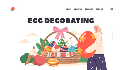 Egg Decorating Landing Page Template. Happy Family Celebrate Easter. Mother with Children near Huge Basket