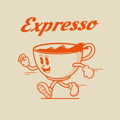 Espresso Coffee Cup Character, Retro Mascot Character