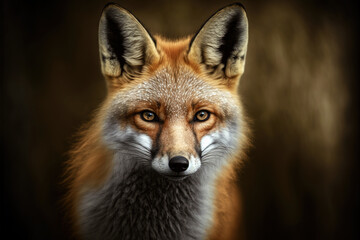 Fototapeta premium Red Fox - close-up portrait with bokeh of pine trees in the background. Making eye contact. Digital art