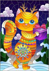 Obraz na płótnie Canvas An illustration in the style of a stained glass window with a cute cartoon cat with a gift on the background of a winter landscape