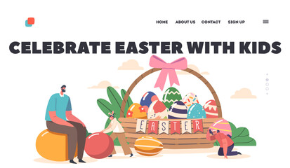 Happy Family Celebrate Easter with Kids Landing Page Template. Father and Children Hunt and Playing near Huge Basket
