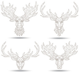 Set of contour stained glass elements with heads of horned animals,  deer and elk, dark contours isolated on a white background