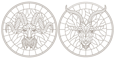 A set of contour illustrations of stained glass Windows with a ram and goat heads, round images, dark contours on a white background
