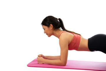 Woman doing plank exercise on transparent PNG background.