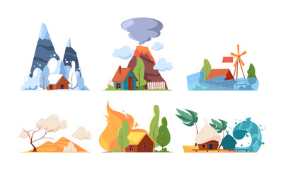 Set Natural Disasters, Accidents In Nature Snow Avalanche, Volcano Eruption, Flood, Sandstorm, Forest Fire And Tsunami
