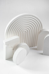 White props for product photography on white seamless background - half-circles, oval doors, rippled arch, zig-zag stairs
