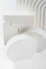 White props for product photography on white seamless background - half-circles, oval doors, rippled arch, zig-zag stairs