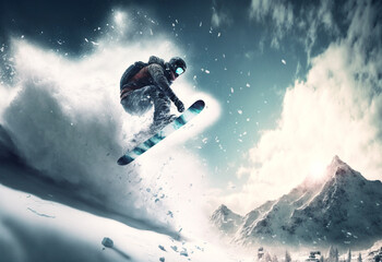 Naklejka premium Jumping skier Snowboarding Extreme Winter Sport, High Speed Snow Jump, Skiing at High Speed 3D Illustration, Fictional Character