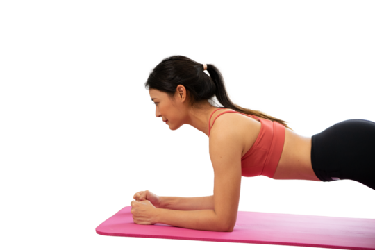 Woman doing plank exercise on transparent PNG background. - Powered by Adobe