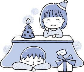 カップル・夫婦で過ごすクリスマスのイラスト（こたつ）_モノトーン