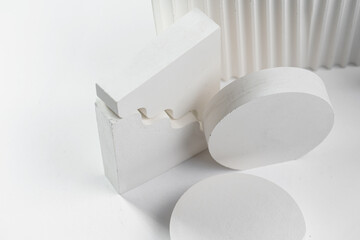 White props for product photography on white seamless background - half-circles, oval doors, rippled arch, zig-zag stairs