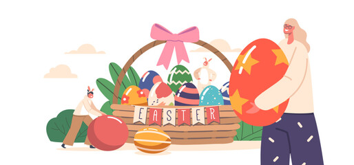Fototapeta premium Happy Family Celebrate Easter. Mother with Children Girl and Boy Wear Rabbit Ears near Huge Basket Full of Painted Eggs