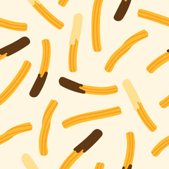 Mexican or Spanish traditional dessert. Churros with chocolate. Seamless pattern. Traditional pastries. Endlessly repeating churros. Vector