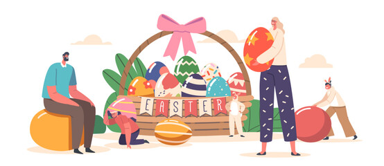 Happy Family Easter Celebration. Parents and Children Girls or Boys Wear Rabbit Ears Play and Hunt Eggs near Huge Basket