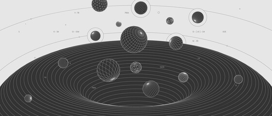 Strange abstract modern wireframes 3d geometric shapes, graphic composition design vector background, flying balls from black hole wormhole, scientific illustration