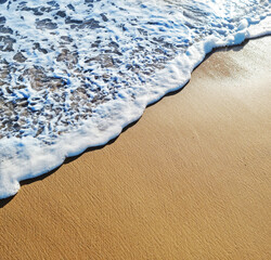Ocean foam covering beautiful sandy beach. Closeup.