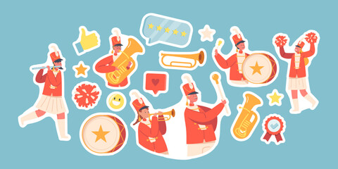 Fototapeta premium Set of Stickers Kids Band In Red Uniform Marching on Parade. Girls And Boys Play Music With Drum, Brass Horn, Flute