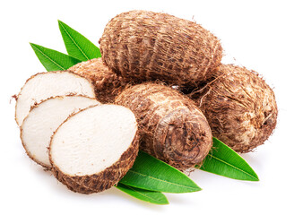 Eddoe or taro tubers and its slices isolated on white background.
