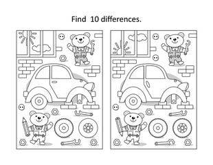 Bear mechanics repairing the car find the differences picture puzzle and coloring page
