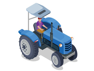 Isometric Tractor works in a field, Agriculture machinery. Heavy agricultural machinery for fieldwork