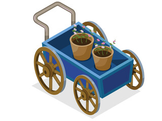 Flower cart,  isometric, garden carts with flowers pots