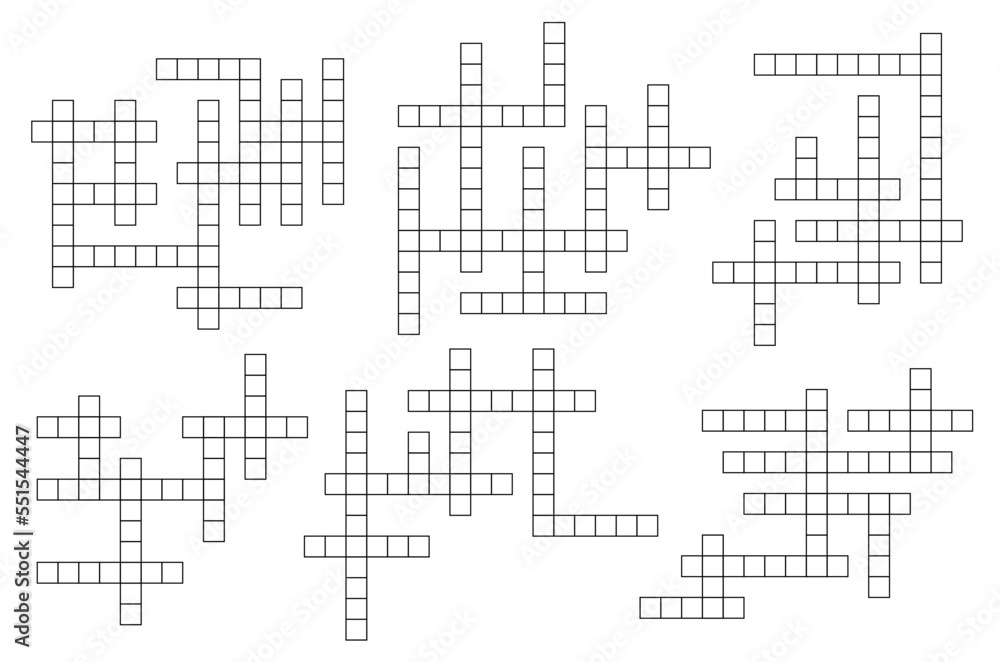 Poster crossword game grid vector puzzle template. mind quiz with empty black squares, abstract brainteaser