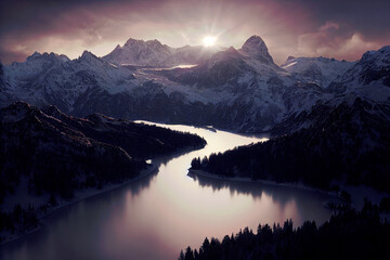 Panoramic landscape with lake view, mountains with blue sky and fluffy clouds, countryside in summer