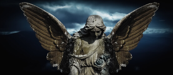Death concept. Angel crying as symbol of pain, fear and end of human life. Hprizontal image.