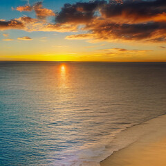 Golden hours on the tropical beach with big clouds in the sky. ; Perfect sunset; Calm water, relaxing summer mood