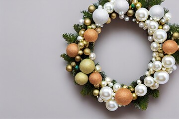 Luxury Christmas wreath with red, golden, pearl christmas toys, ribbons, stars, pine isolated on white background