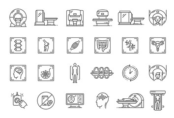 MRI scan outline icons. Hospital or clinic radiology, tomography diagnostic, magnetic resonance imagining medical equipment thin vector thin line symbols or pictograms with MRI scanner, patient organs