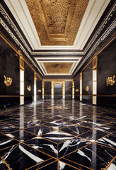 Obraz premium Hall of a luxury home. Corridor between rooms in an antique mansion with vintage wallpaper