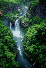 Fototapeta na wymiar Tall waterfall in the jungle with lush vegetation