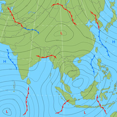 Forecast weather isobar map of Asia with wind fronts and temperature, vector background. Meteorology climate and day weather forecast isobar of Asia with cold and warm cyclone chart diagrams - obrazy, fototapety, plakaty