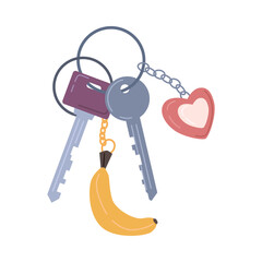 Keys with keychains as heart and banana trinkets flat cartoon illustration. Vector keyholder and keyring, modern keys with pendants. Home rental, property, real estate concept