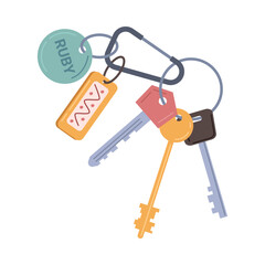 Keys with keychains, trinkets with names flat cartoon illustration. Vector modern keys with pendants. Home rental, property, real estate concept. Keyholder and keyring, open key for apartment