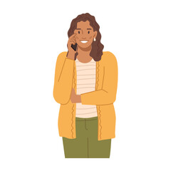 Female personage holding smartphone in hand talking and communicating with friends. Woman with cell phone listening. Flat cartoon character, vector in flat style