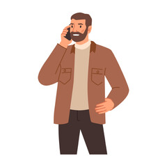 Male personage talking on phone. Isolated portrait of bearded man with smartphone interacting and communicating. Flat cartoon character, vector in flat style