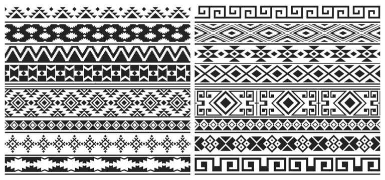 Mexican aztec, mayan border patterns with ethnic tribal geometric ornaments. Vector seamless borders with black pattern of native indians of Mexico, Peru or America, abstract indigenous motifs