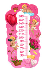 Kids height chart with cupids and gifts growth meter. Vector stadiometer scale for children height measurement with cartoon funny amur love characters, flower bouquets, hot air balloon and sweets