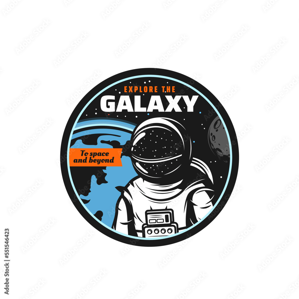 Poster Astronaut in outer space icon. Galaxy exploration program, space planets research retro symbol or round icon with spaceman, cosmonaut or astronaut in spacesuit, Earth, moon and stars