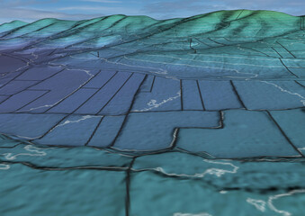 Obraz premium Concept de fond - Vue aérienne de paysage vallonné territoire montagneux - Rendu 3d modèle numérique de terrain avec courbes de niveau