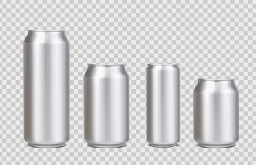 Realistic beer, soda aluminium cans, drink silver mockups. Carbonated beverage packaging 3d mockup, alcohol or energy drink realistic vector aluminium containers, beer cans template