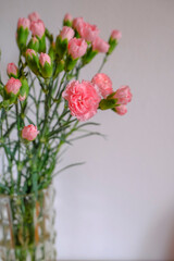 bouquet of pink carnations in a vase top view across the white wall and the wooden drawer. Copy space. Home decor