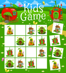 Fototapeta premium Sudoku kids game, fairytale magic houses and dwellings, vector quiz worksheet. Kids sudoku logic puzzle with fairy gnome or elf shelter hut of strawberry or apple fruit and pear, tabletop board game