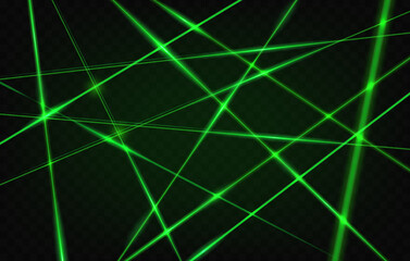 Crossed laser green light beams on black background, vector neon glow lines effect. Green laser flashes and rays of energy, futuristic tech scanner laser lights and sparkle shines in dark space galaxy - obrazy, fototapety, plakaty