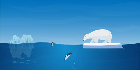 Beautiful arctic or antarctic landscape. A magnificent landscape with a large iceberg and an ice floe in the ocean, a polar bear, penguins and fish. Colorful illustration in single flat cartoon style