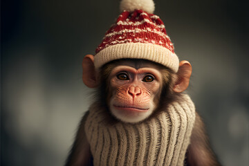 christmas monkey with santa hat in the snow, realistic 3d rendering