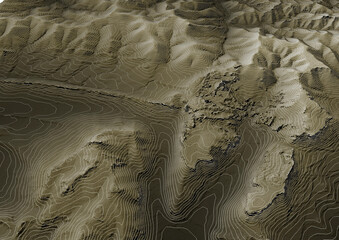 Concept de fond - Vue aérienne de paysage vallonné territoire montagneux - Rendu 3d modèle numérique de terrain avec courbes de niveau