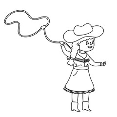Cowgirl kid twirling a lasso. Vector outline illustration for children coloring page.